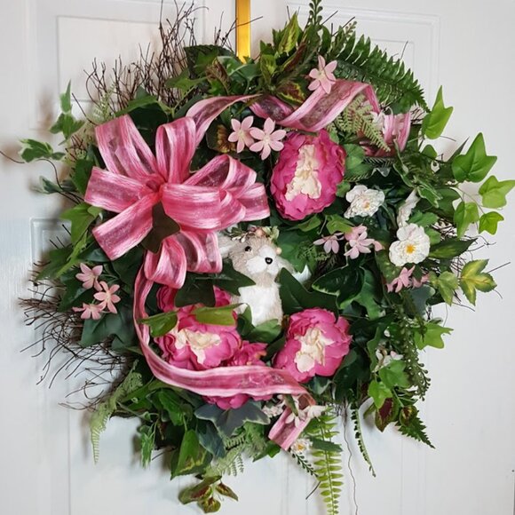 Pink Spring Easter Bunny Wreath, Easter Grapevine, Floral Wreath, Hand Crafted - Picture 5 of 11
